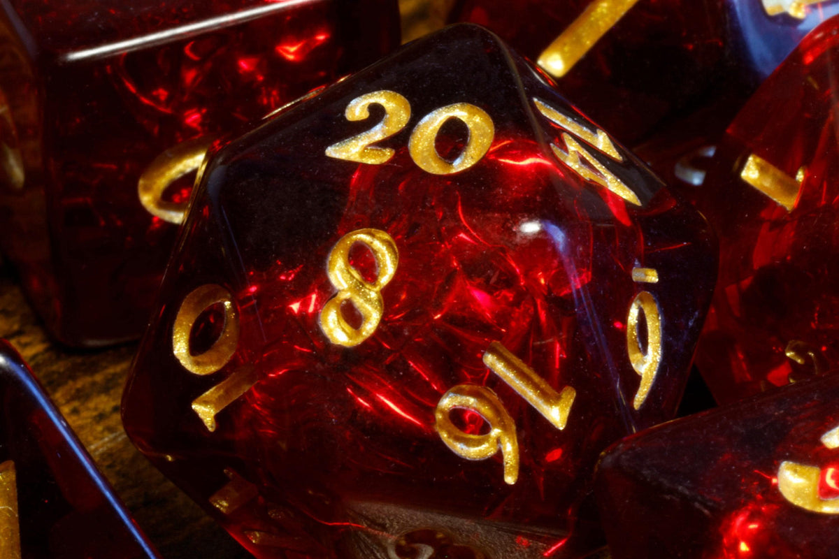 Cherry Opal 7-Piece Dice Set – Transparent Dark Red with Holographic Inclusions - The Wizard's Vault