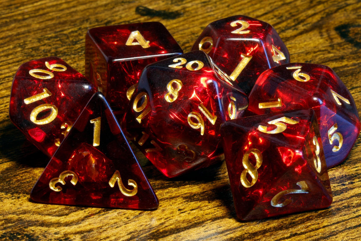 Cherry Opal 7-Piece Dice Set – Transparent Dark Red with Holographic Inclusions - The Wizard's Vault