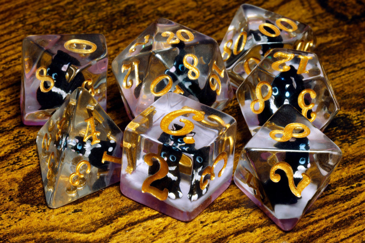 Elegant Tuxedo Cat 7-Piece Dice Set – Black and White Cat