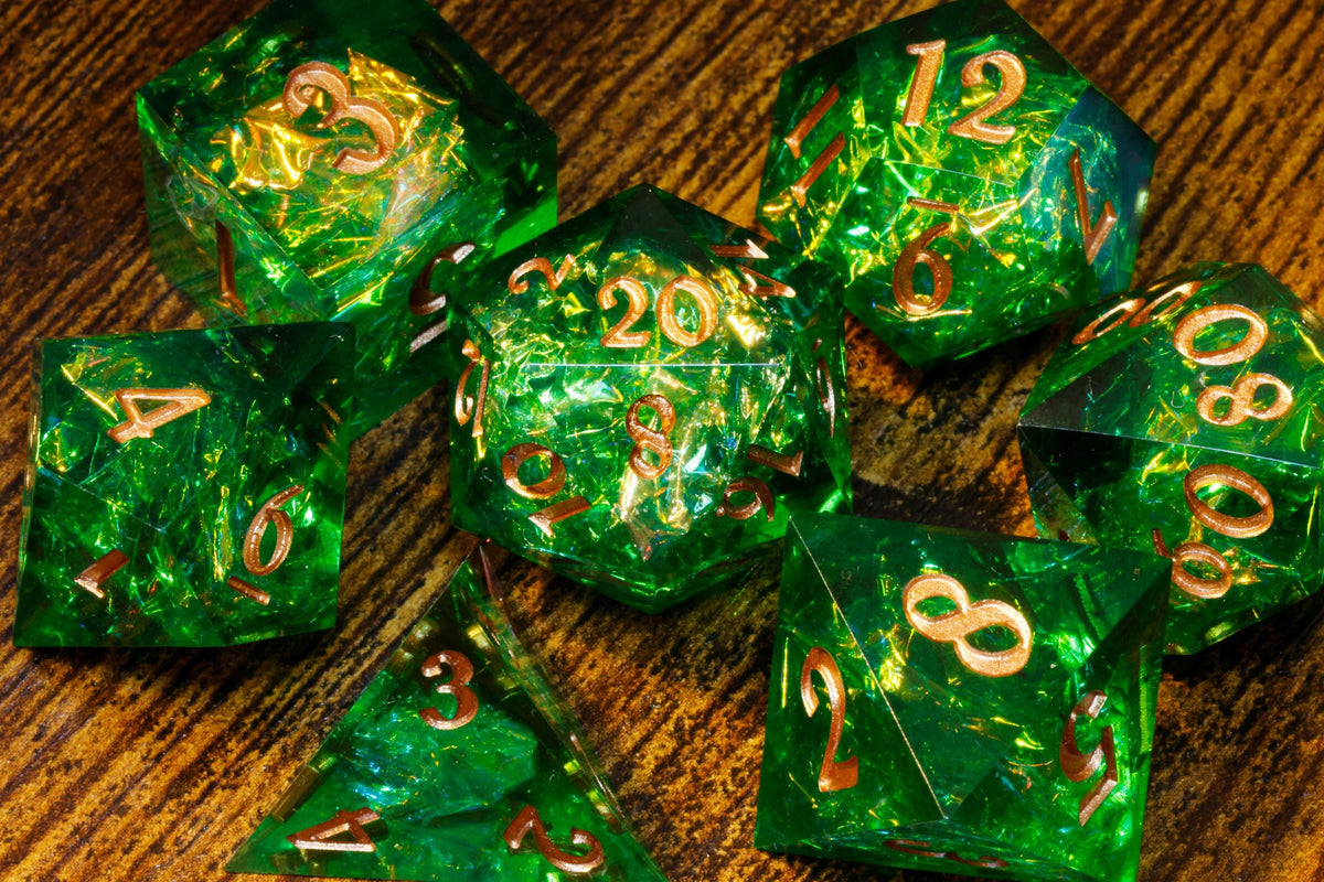 Sacred Emerald 7-Piece Sharp Edge Dice Set – Green with Holographic Foil – photo 1