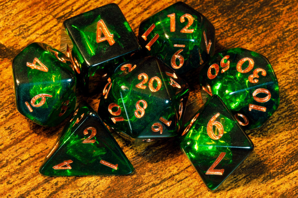 Verdant Opal 7-Piece Dice Set – Dark Green with Holographic Foil - The Wizard's Vault
