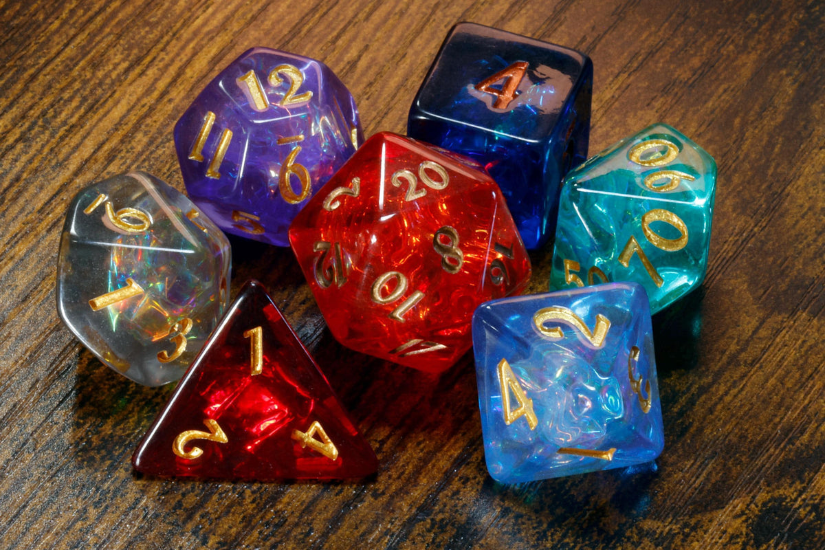 Infinity Opal 7-Piece Dice Set – Transparent with Holographic Inclusions, Vibrant Iridescent Glitter - The Wizard's Vault