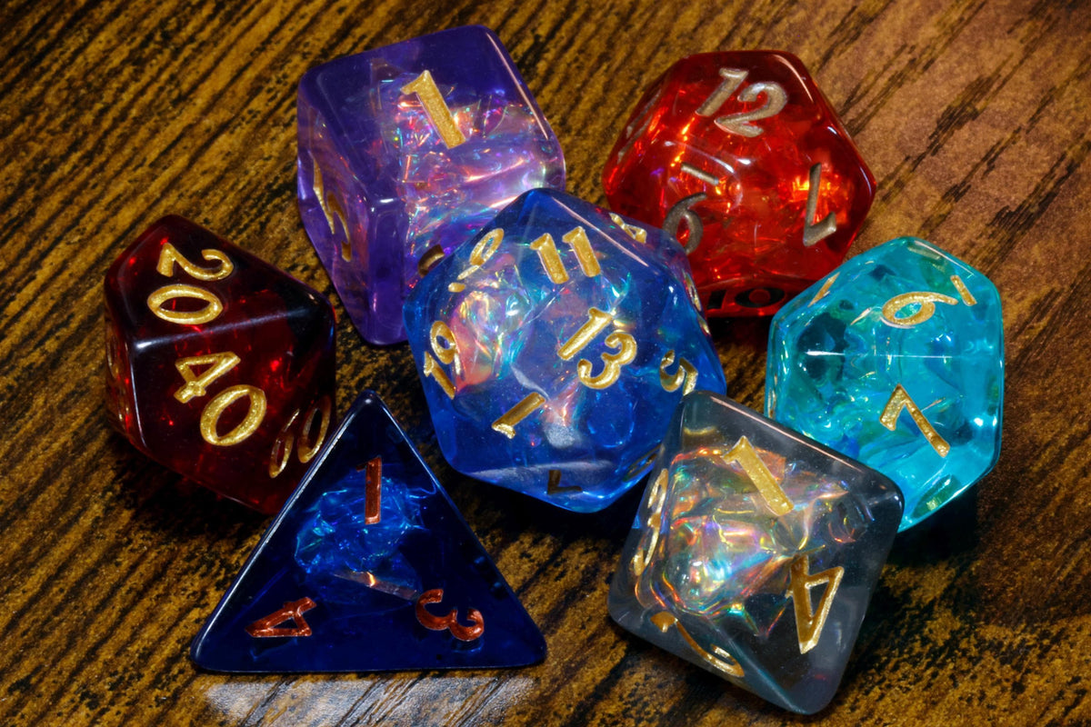Infinity Opal 7-Piece Dice Set – Transparent with Holographic Inclusions, Vibrant Iridescent Glitter - The Wizard's Vault