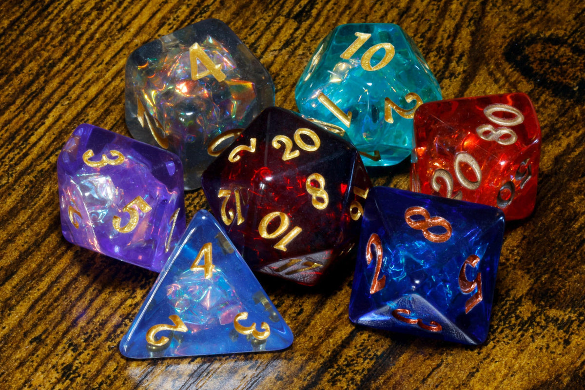 Infinity Opal 7-Piece Dice Set – Transparent with Holographic Inclusions, Vibrant Iridescent Glitter - The Wizard's Vault