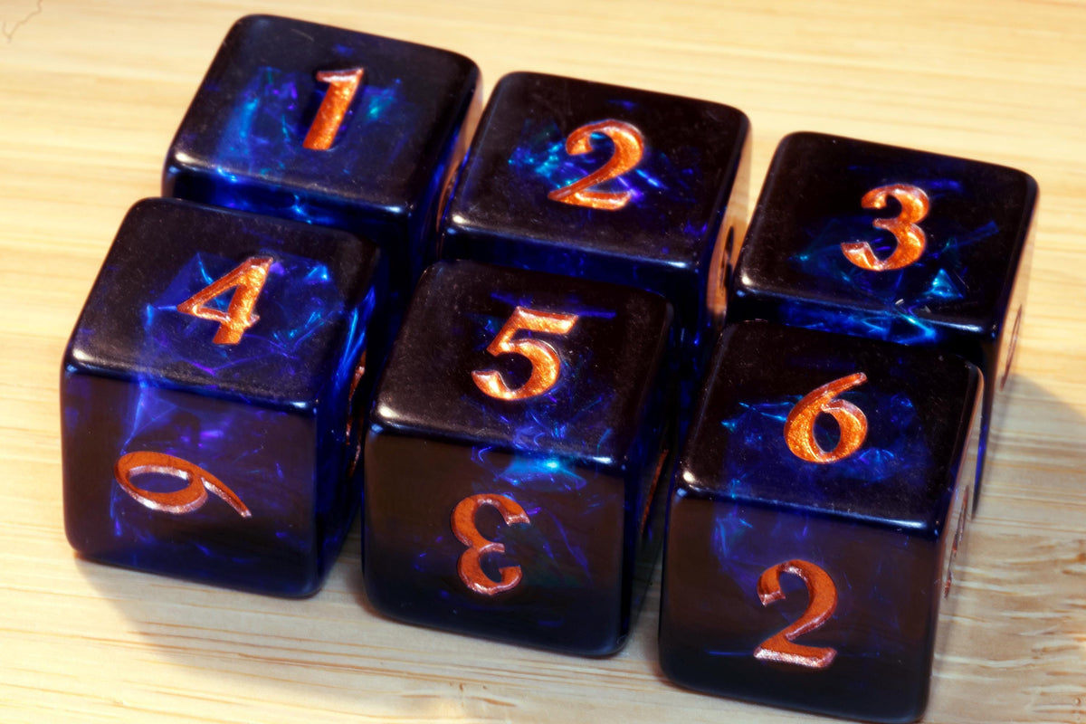 Twilight Opals D6 Dice – Dark Blue Indigo with Holographic Inclusions, Iridescent Acrylic Film, Holographic Glitter - The Wizard's Vault