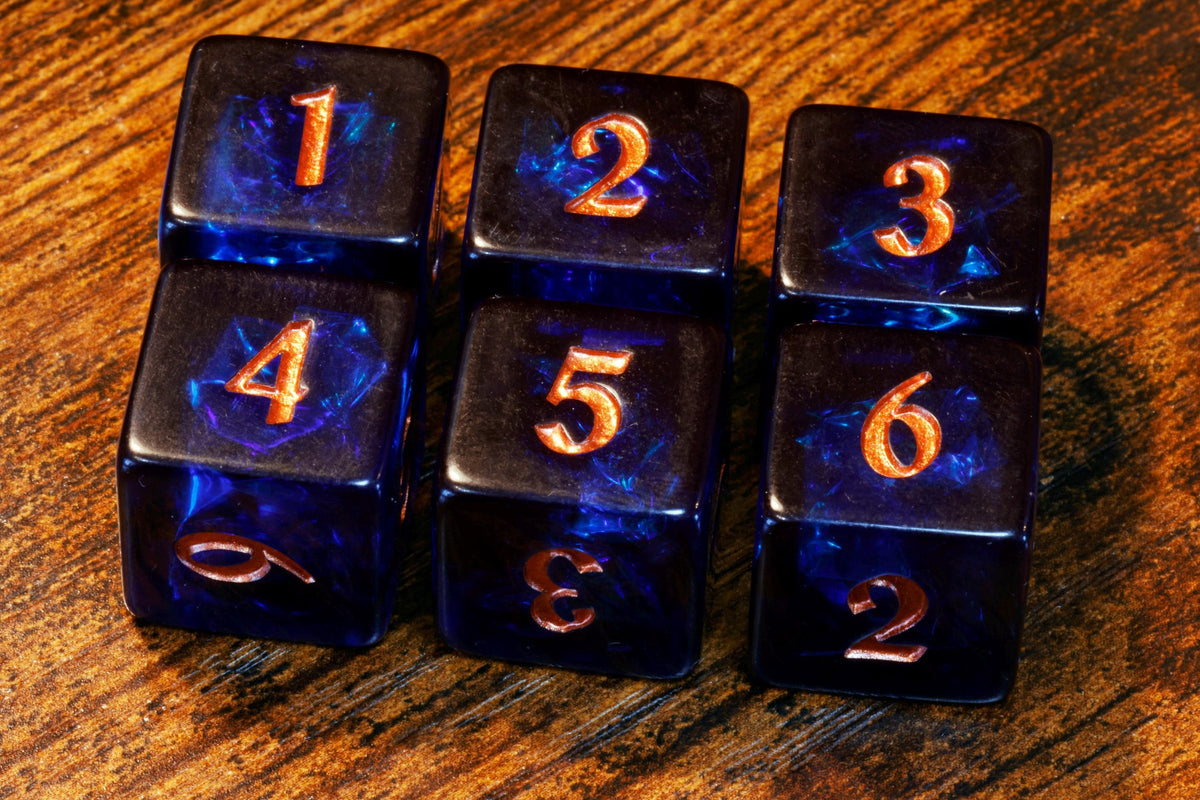 Twilight Opals D6 Dice – Dark Blue Indigo with Holographic Inclusions, Iridescent Acrylic Film, Holographic Glitter - The Wizard's Vault