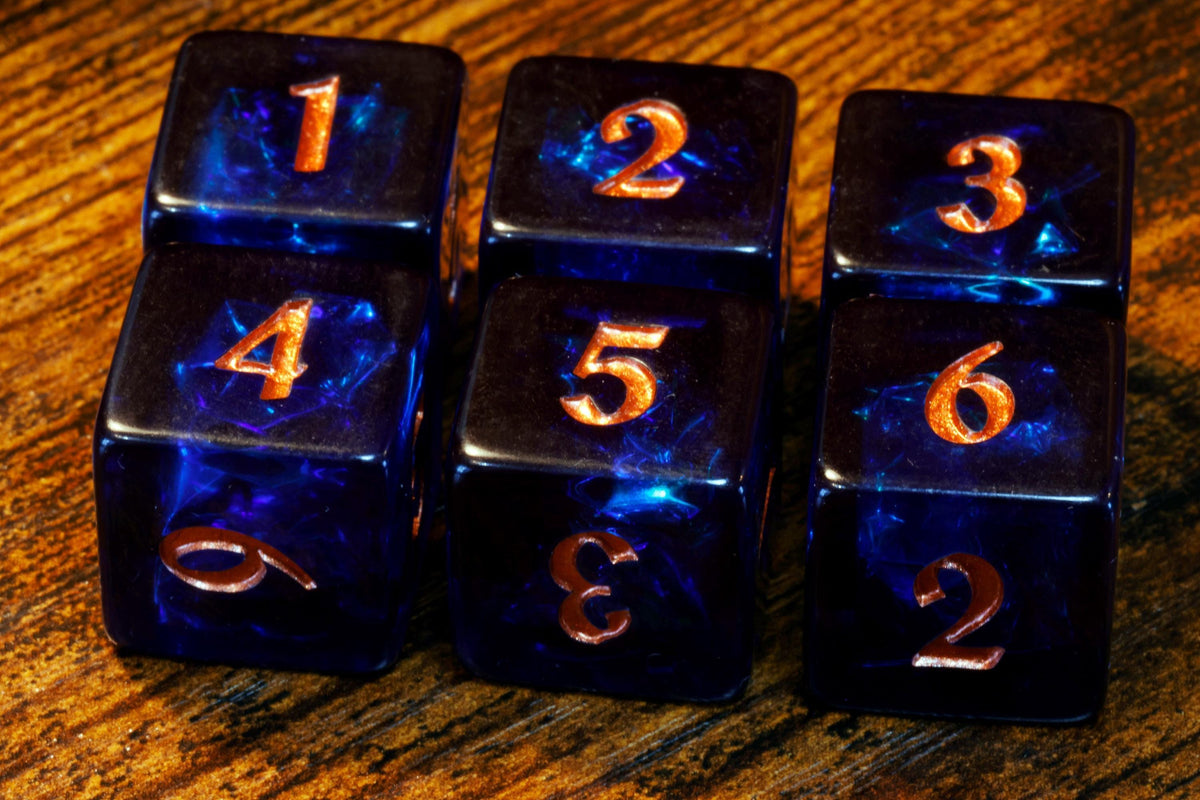 Twilight Opals D6 Dice – Dark Blue Indigo with Holographic Inclusions, Iridescent Acrylic Film, Holographic Glitter - The Wizard's Vault