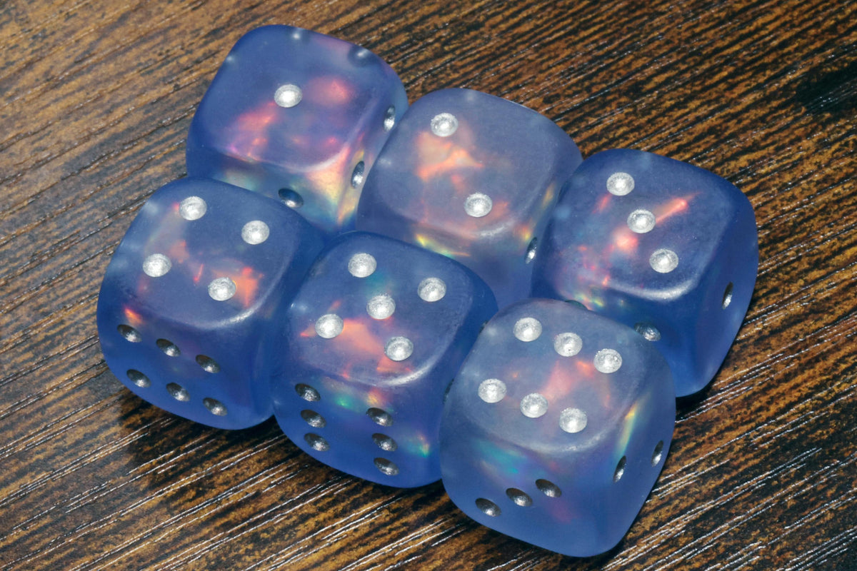 Frost Faerie Opal Six-Sided PIP Dice – Frosted Blue with Holographic Foil - The Wizard's Vault
