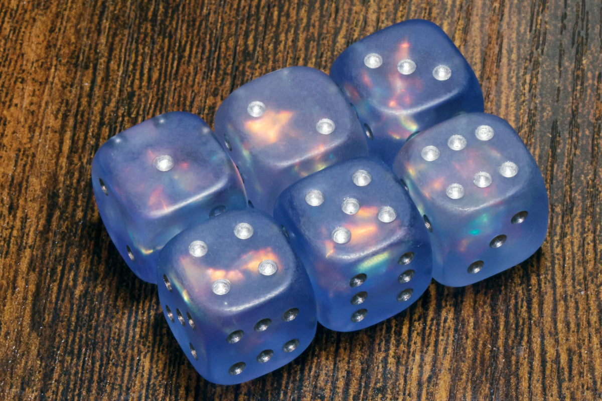 Frost Faerie Opal Six-Sided PIP Dice – Frosted Blue with Holographic Foil - The Wizard's Vault