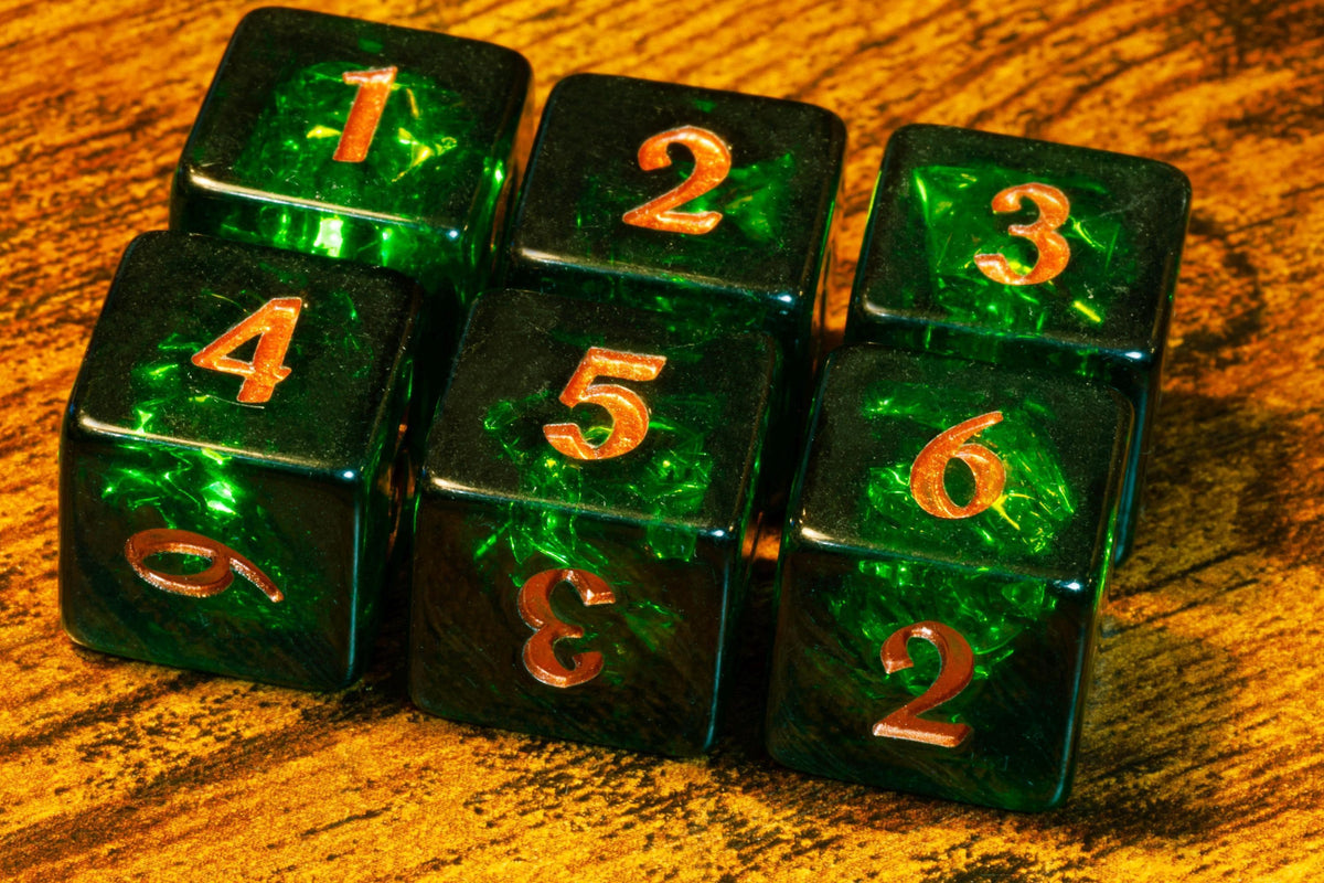 Verdant Opal D6 Dice – Dark Green Holographic Inclusions & Translucent Glitter - The Wizard's Vault