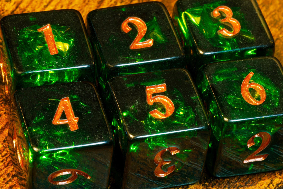 Verdant Opal D6 Dice – Dark Green Holographic Inclusions & Translucent Glitter - The Wizard's Vault