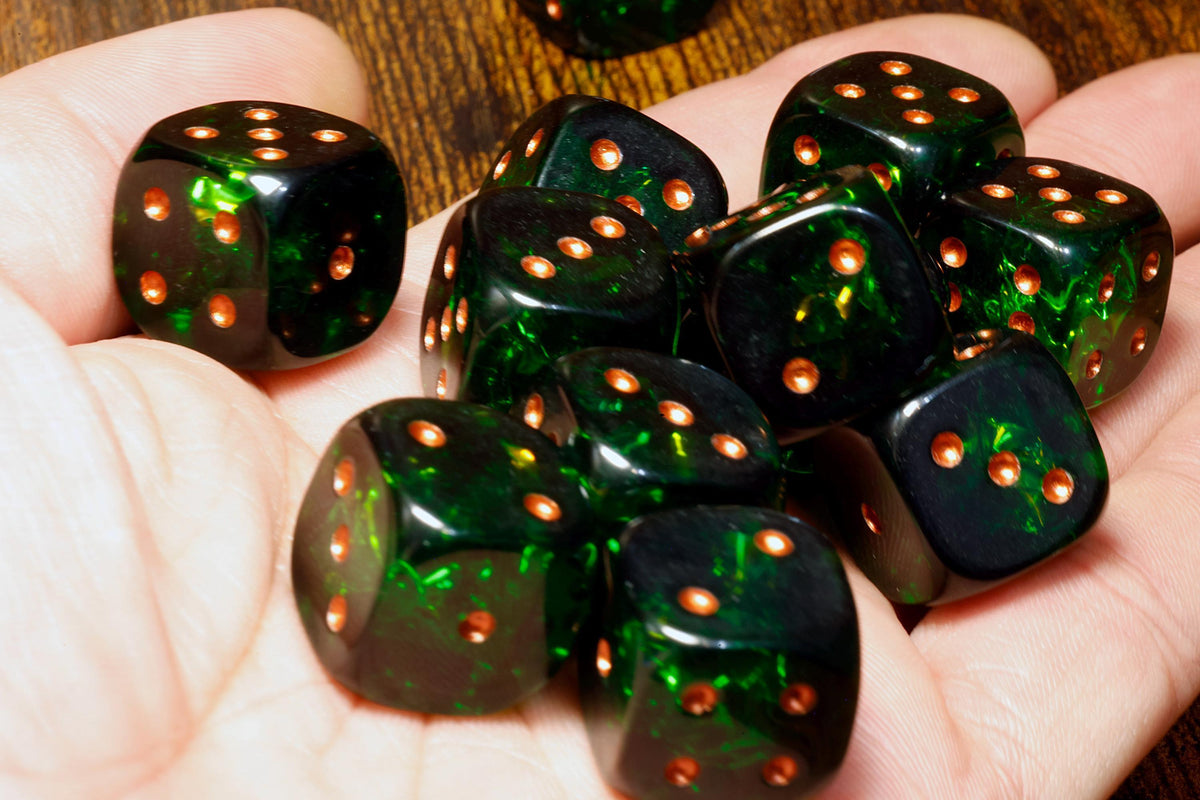 Verdant Opals Six-Sided PIP Dice – Dark Green Holographic Inclusions, Iridescent Film, Translucent Holographic Glitter - The Wizard's Vault