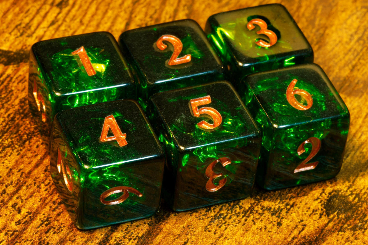 Verdant Opal D6 Dice – Dark Green Holographic Inclusions & Translucent Glitter - The Wizard's Vault
