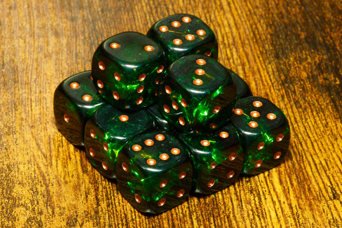Verdant Opals Six-Sided PIP Dice – Dark Green Holographic Inclusions, Iridescent film, Translucent Holographic Glitter