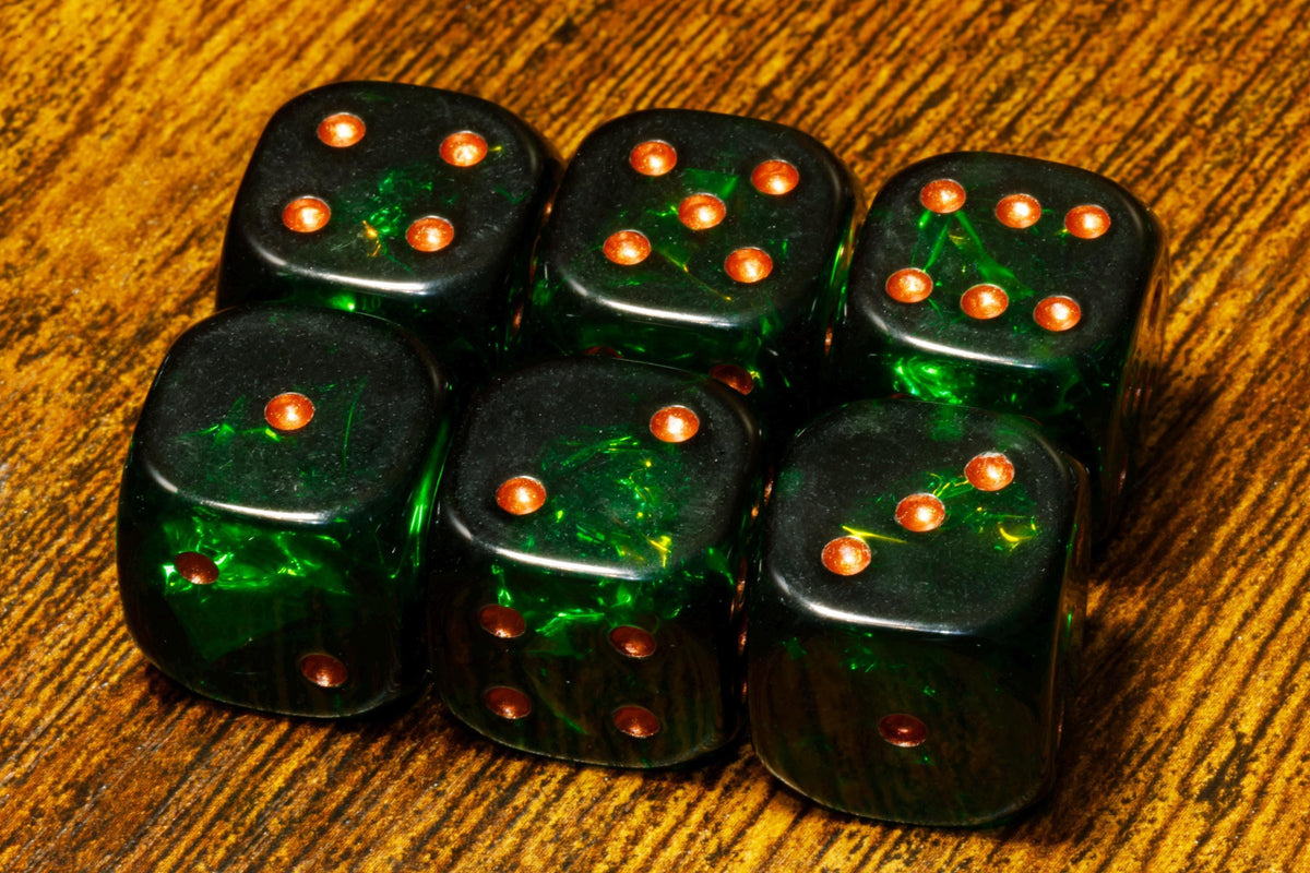 Verdant Opals Six-Sided PIP Dice – Dark Green Holographic Inclusions, Iridescent film, Translucent Holographic Glitter