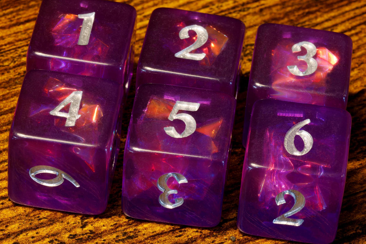 Eldritch Opal D6 Dice – Purple Holographic Inclusions, Translucent Holographic Glitter - The Wizard's Vault