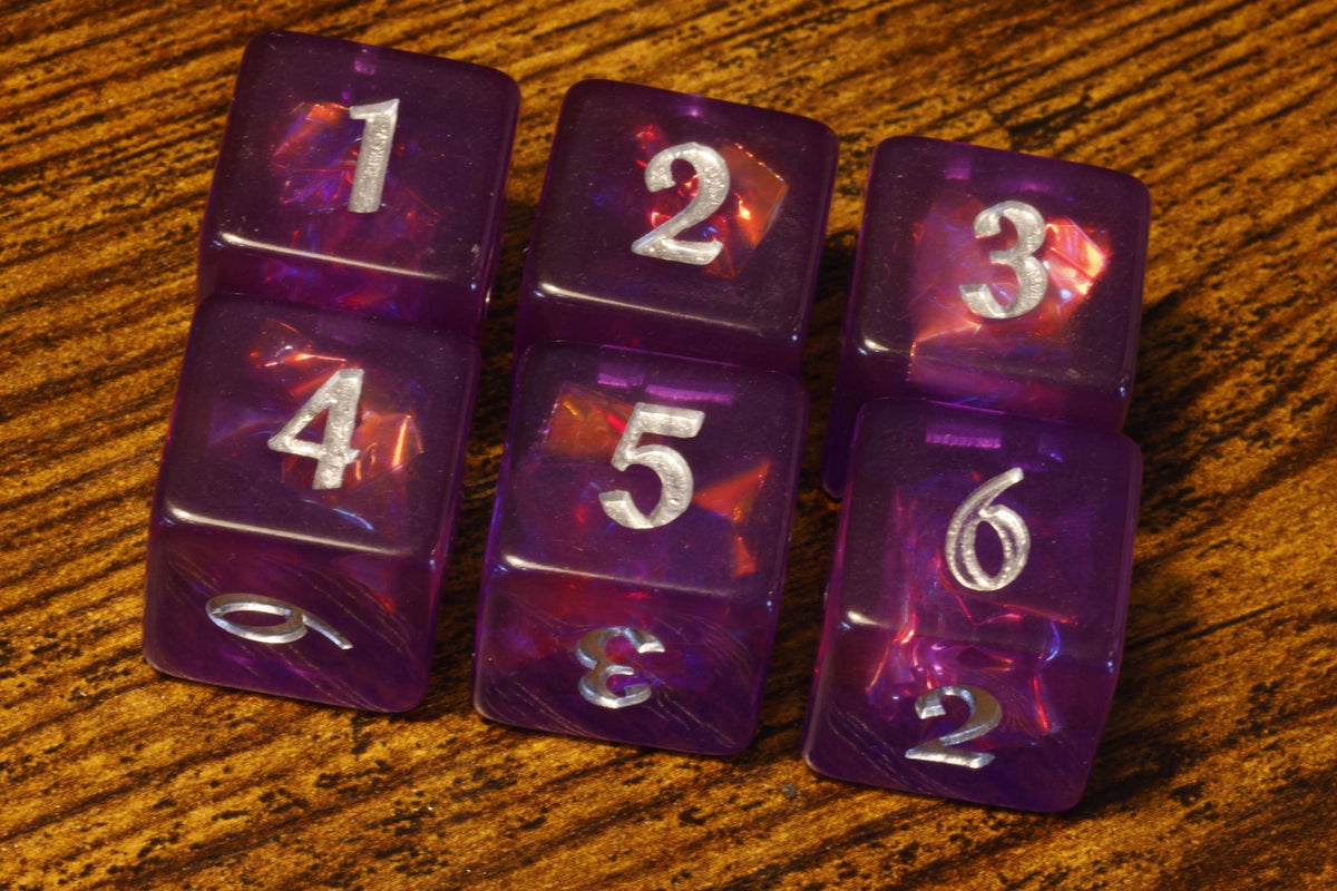 Eldritch Opal D6 Dice – Purple Holographic Inclusions, Translucent Holographic Glitter - The Wizard's Vault
