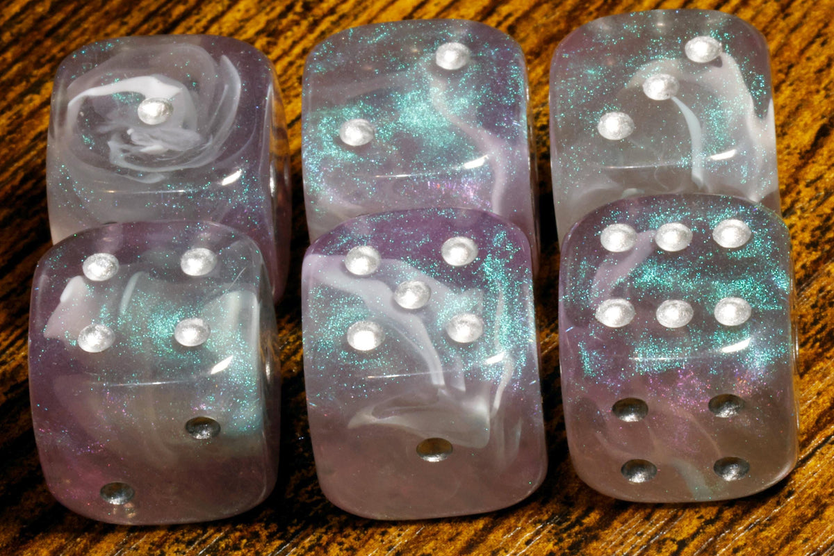 Nightstorm Opal Dice PIP Six-Sided PIP Dice – Semi-Opaque with Iridescent Blue and Purple Glitter - The Wizard's Vault