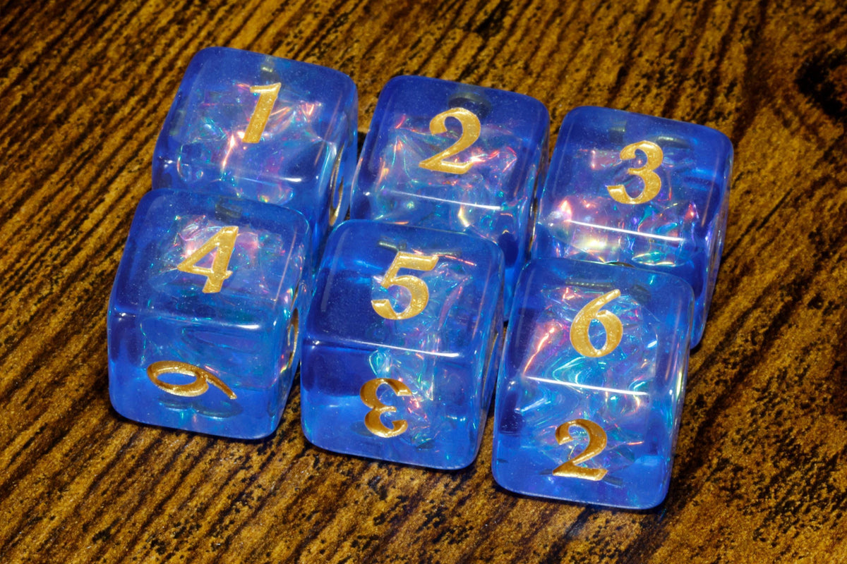 Tempest Opal D6 Dice – Electric Blue Holographic Inclusions & Translucent Glitter - The Wizard's Vault