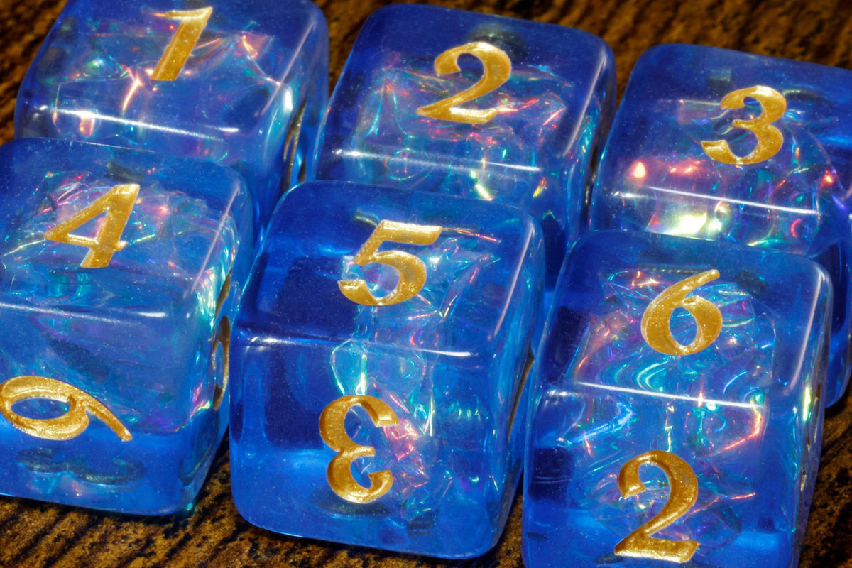 Tempest Opal D6 Dice – Electric Blue Holographic Inclusions & Translucent Glitter - The Wizard's Vault