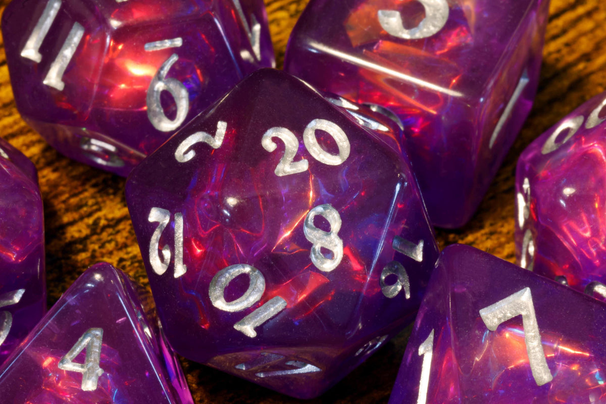 Eldritch Opal 7-Piece Dice Set – Purple with Holographic Inclusions - The Wizard's Vault