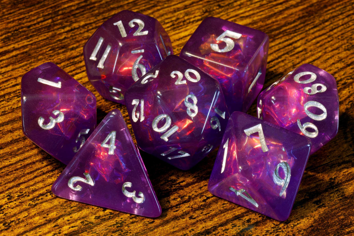 Eldritch Opal 7-Piece Dice Set – Purple with Holographic Inclusions - The Wizard's Vault