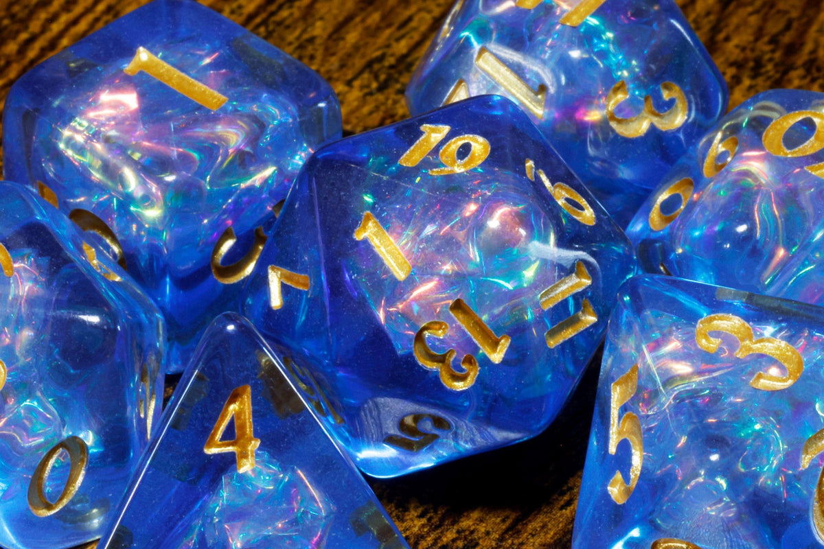 Tempest Opal 7-Piece Dice Set – Electric Blue with Holographic Lightning - The Wizard's Vault
