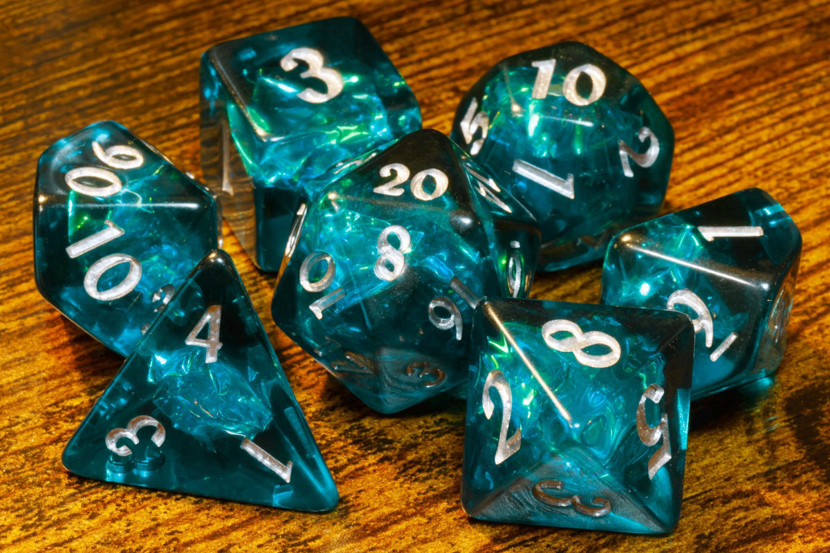 Abyssal Opal 7-Piece Dice Set – Dark Teal Blue with Holographic Foil - The Wizard's Vault
