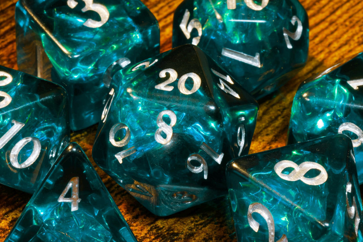 Abyssal Opal 7-Piece Dice Set – Dark Teal Blue with Holographic Foil - The Wizard's Vault