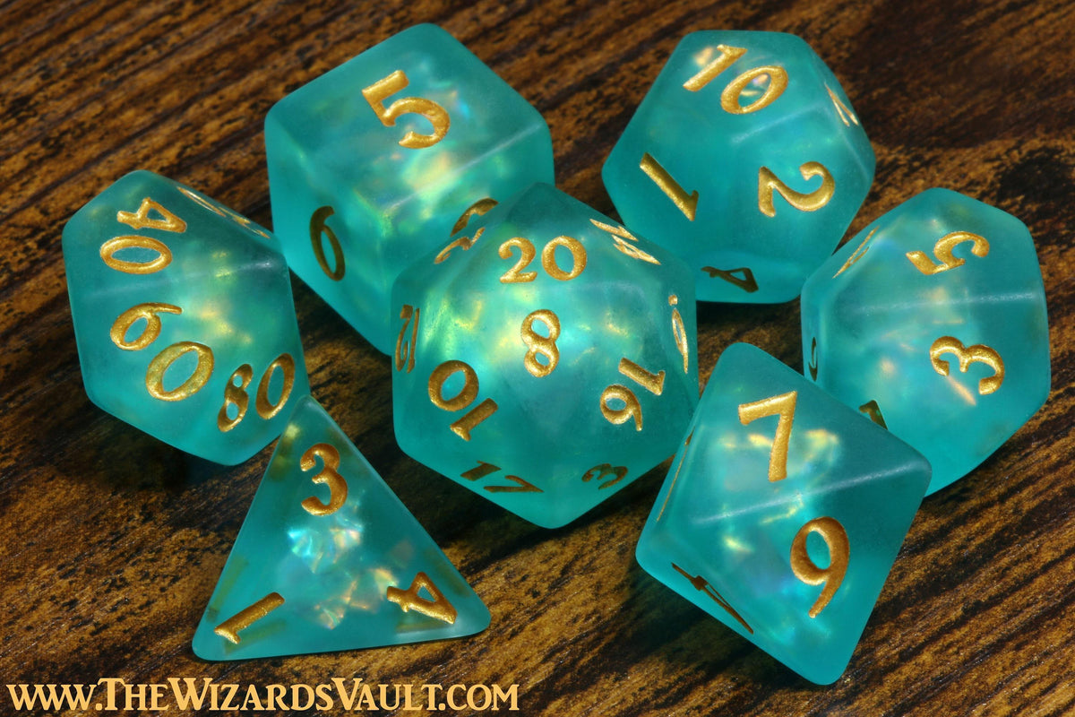 Tidebound Core 7-Piece Dice Set – Seafoam Green with Holographic Inclusions, Frosted with Holographic Foil