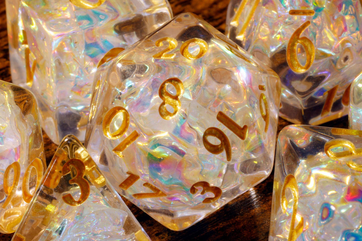 Sacred Opal 7-Piece Dice Set – Clear Translucent with Holographic Foil - The Wizard's Vault