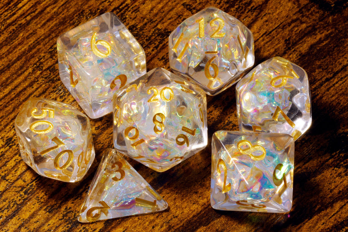 Sacred Opal 7-Piece Dice Set – Clear Translucent with Holographic Foil - The Wizard's Vault
