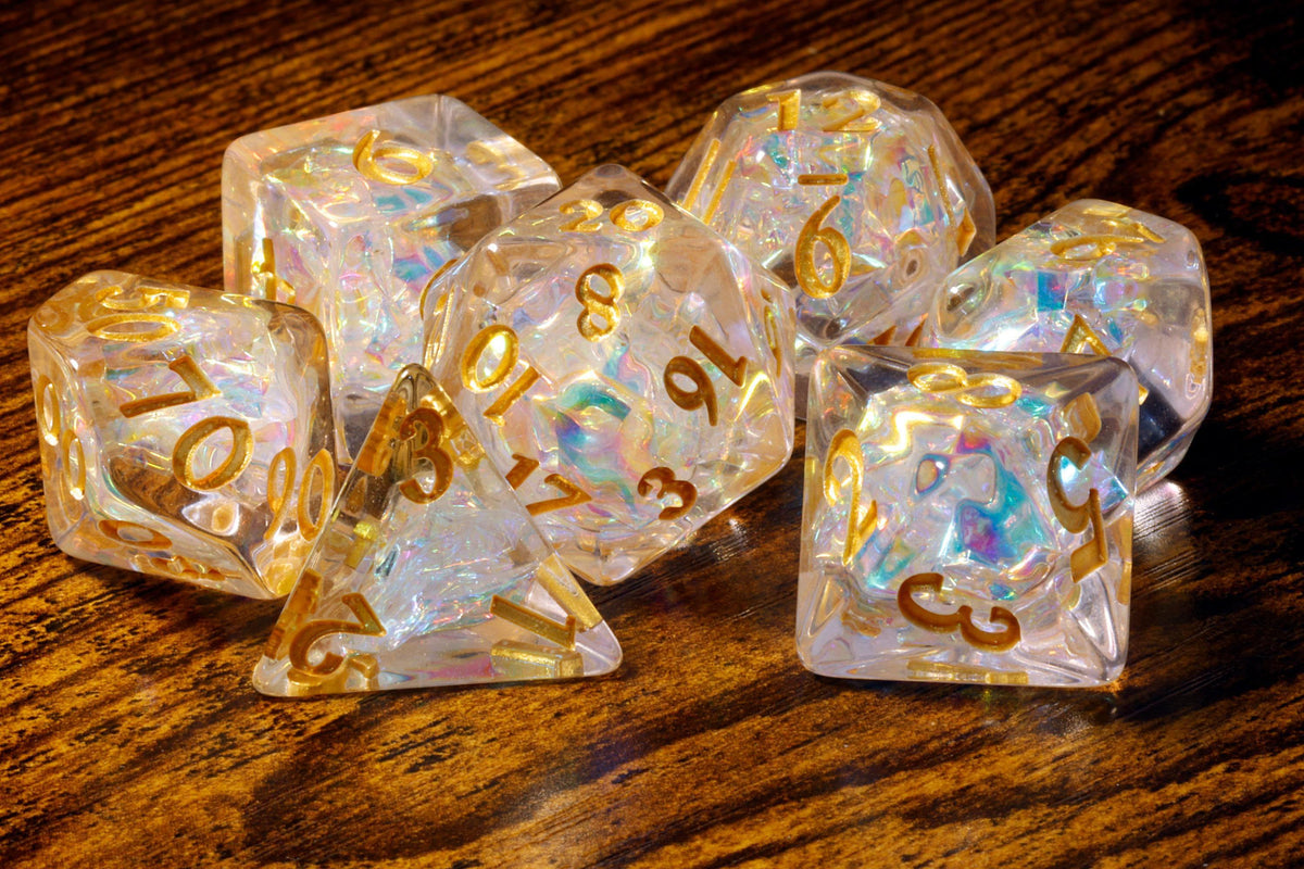 Sacred Opal 7-Piece Dice Set – Clear Translucent with Holographic Foil - The Wizard's Vault
