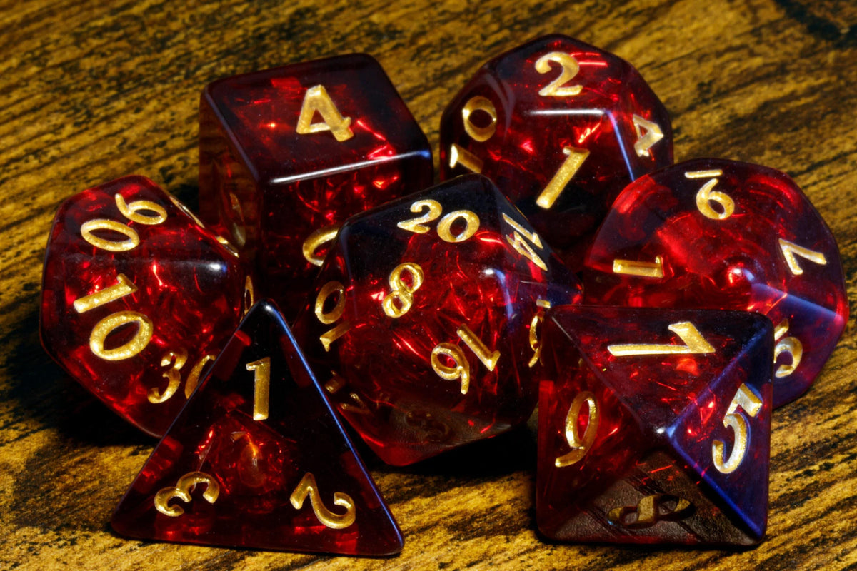 Cherry Opal 7-Piece Dice Set – Transparent Dark Red with Holographic Inclusions - The Wizard's Vault