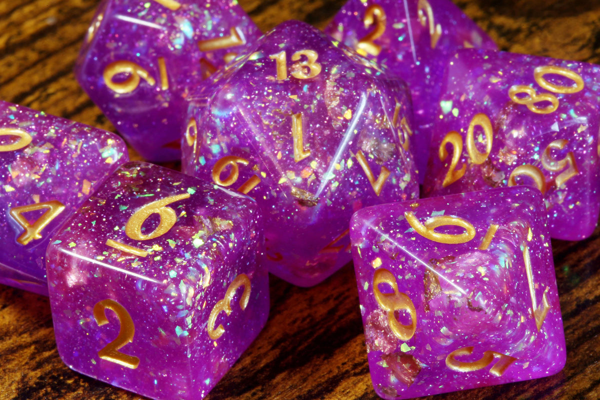 Oracleshard Opal 7-Piece Dice Set – Purple Magenta Translucent Holographic Glitter and Gold Flakes - The Wizard's Vault