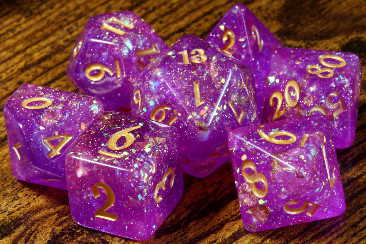 Oracleshard Opal 7-Piece Dice Set – Purple Magenta Translucent Holographic Glitter and Gold Flakes - The Wizard's Vault