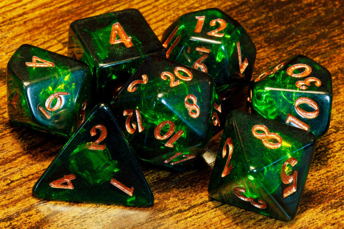 Verdant Opal 7-Piece Dice Set – Dark Green with Holographic Foil - The Wizard's Vault