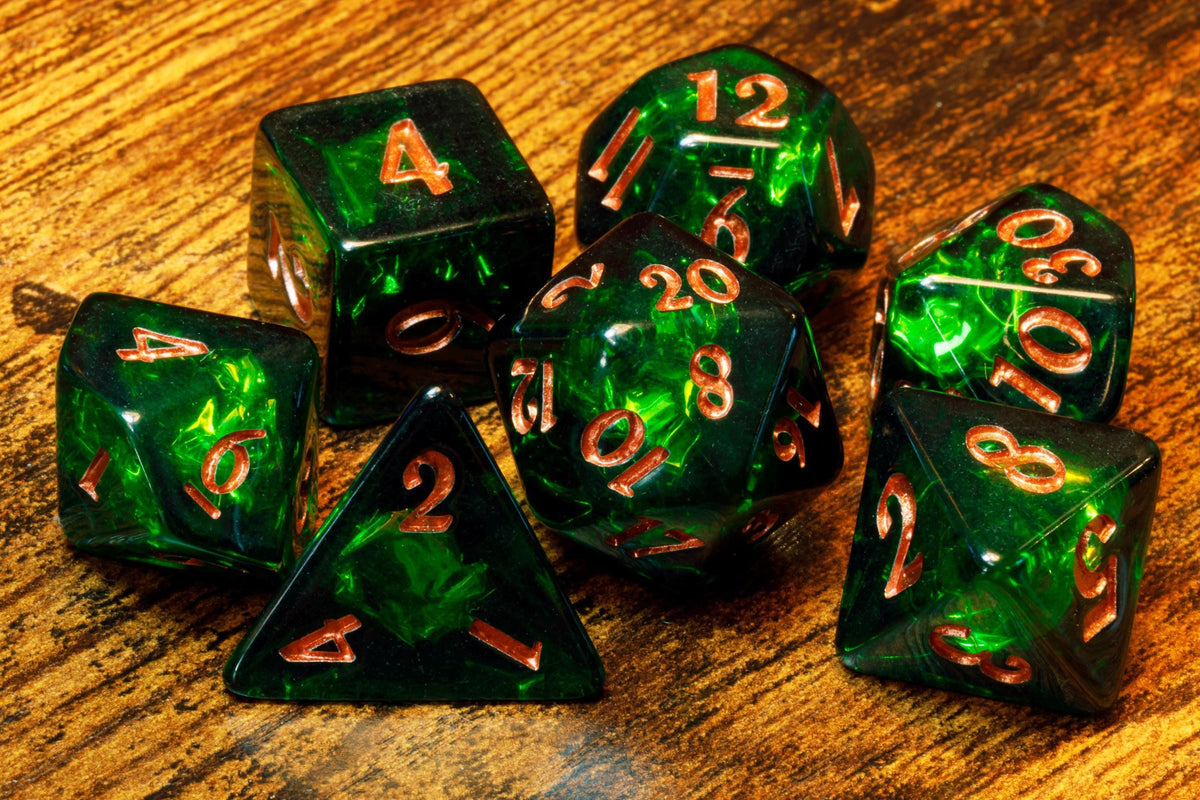 Verdant Opal 7-Piece Dice Set – Dark Green with Holographic Foil - The Wizard's Vault