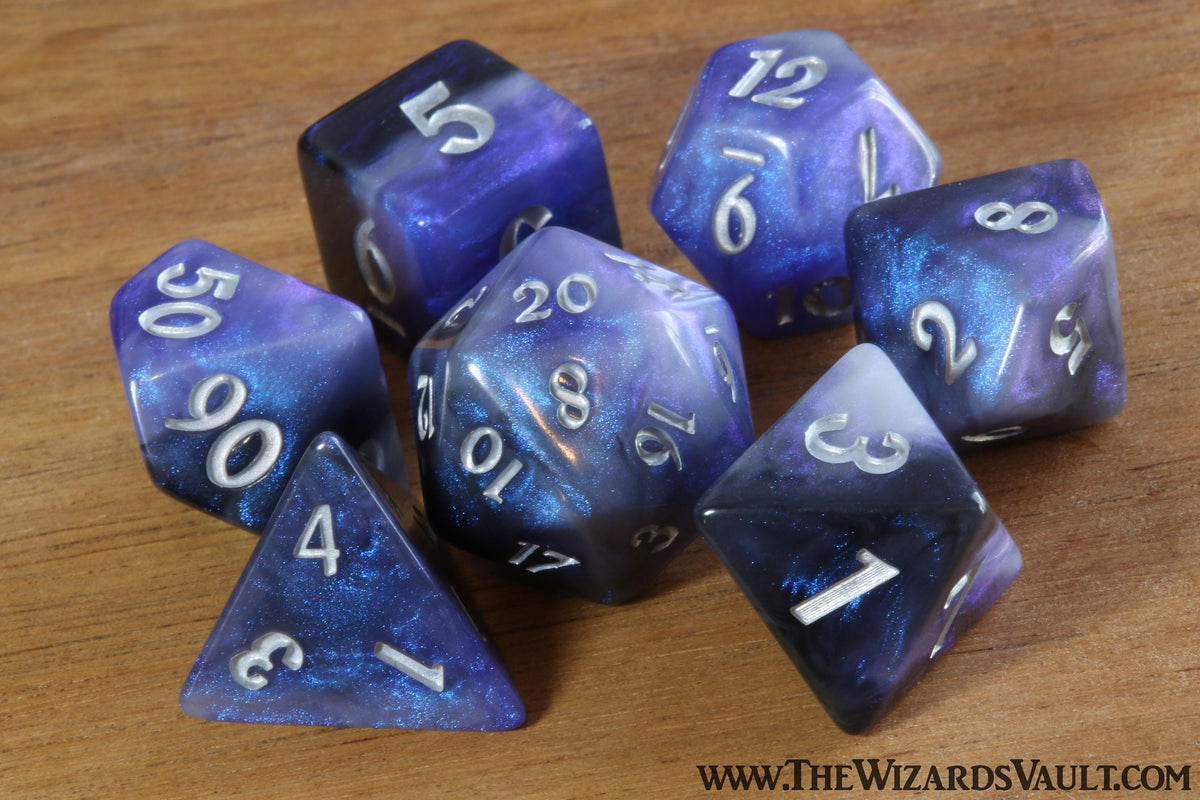 Dreamveil Opal 7-Piece Dice Set – Semi-Opaque with Iridescent Blue and Purple Glitter - The Wizard's Vault