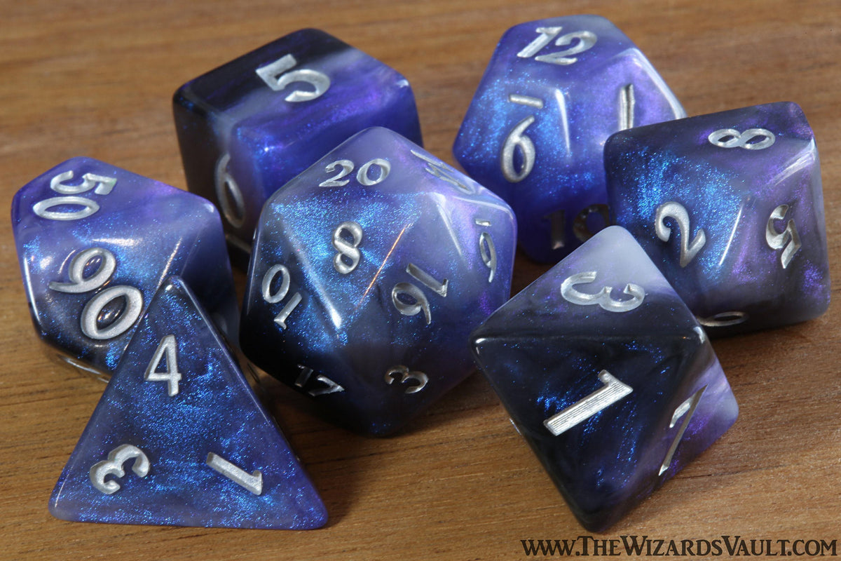 Dreamveil Opal dice set, semi-opaque resin with iridescent blue and purple glitter