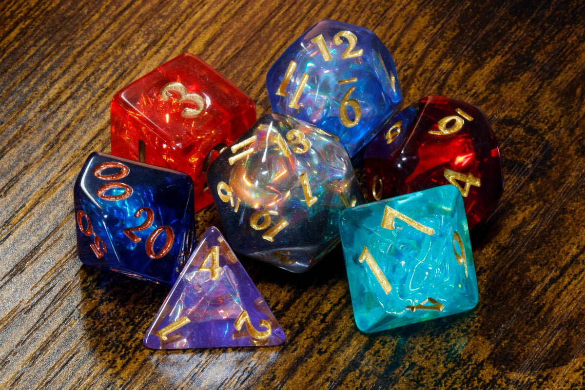 Infinity Opal 7-Piece Dice Set – Transparent with Holographic Inclusions, Vibrant Iridescent Glitter - The Wizard's Vault