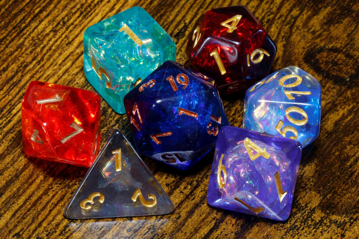 Infinity Opal 7-Piece Dice Set – Transparent with Holographic Inclusions, Vibrant Iridescent Glitter - The Wizard's Vault