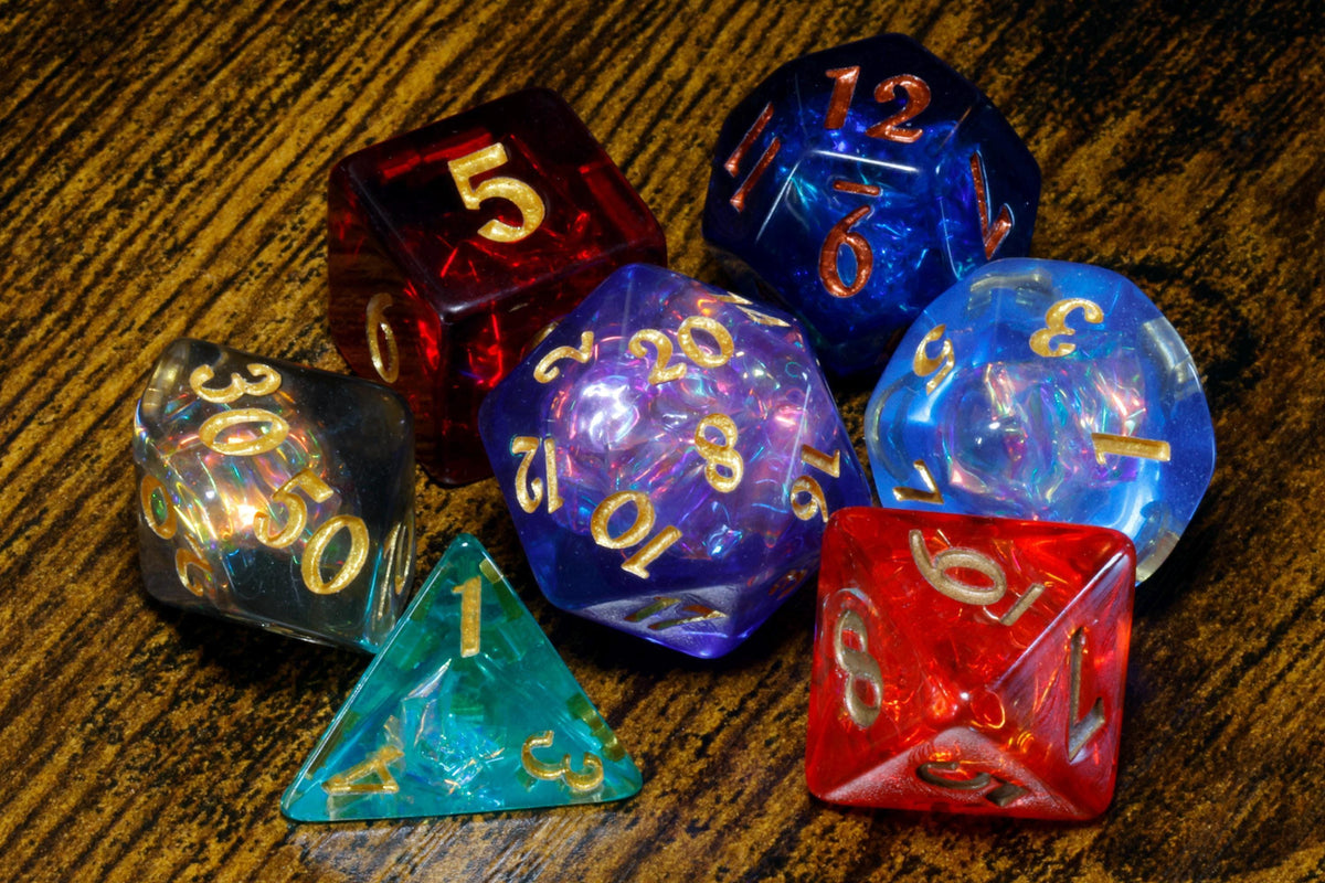 Infinity Opal 7-Piece Dice Set – Transparent with Holographic Inclusions, Vibrant Iridescent Glitter - The Wizard's Vault