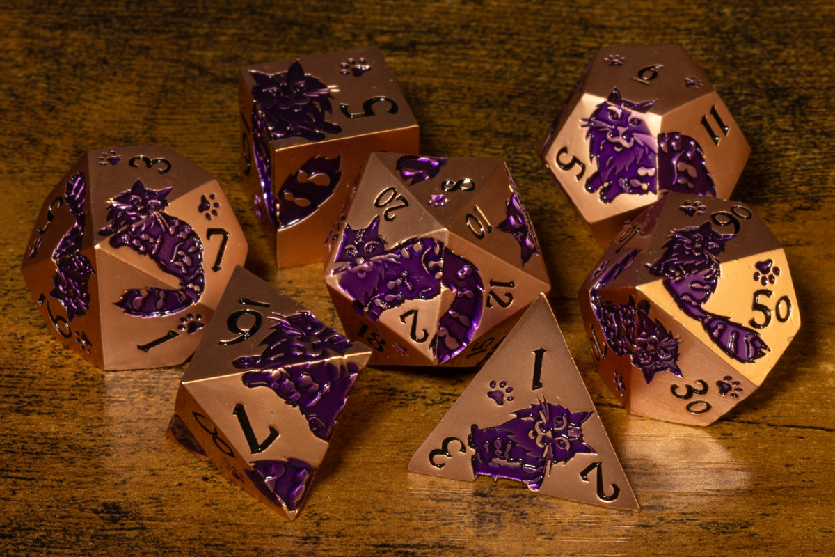 Meowgic 7-Piece Metal Dice Set – Copper with Purple Cats – photo 1