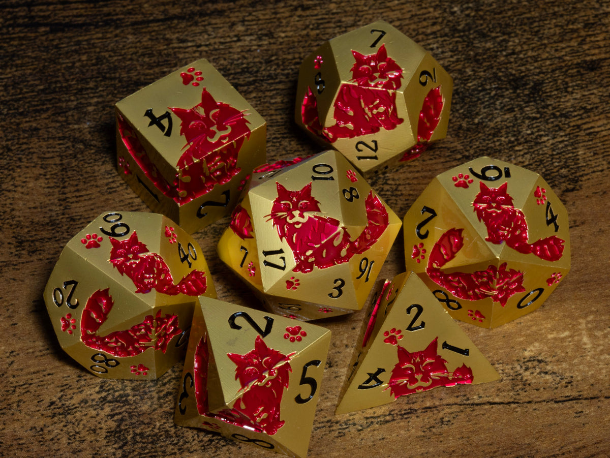 Meowgic 7-Piece Metal Dice Set – Gold with Red Cats – photo 3