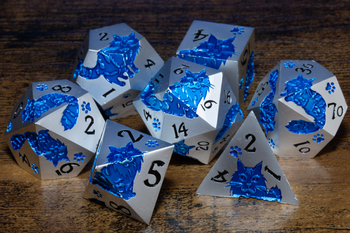 Meowgic 7-Piece Metal Dice Set – Pearl Silver with Blue Cats – photo 1