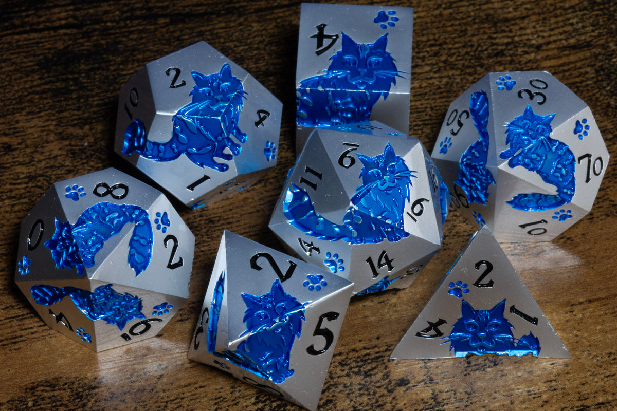 Meowgic 7-Piece Metal Dice Set – Pearl Silver with Blue Cats – photo 5