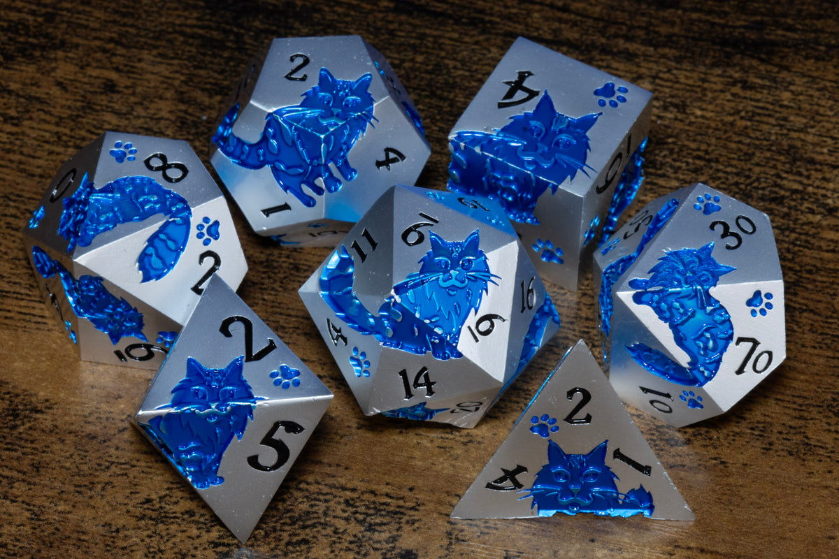 Meowgic 7-Piece Metal Dice Set – Pearl Silver with Blue Cats – photo 6