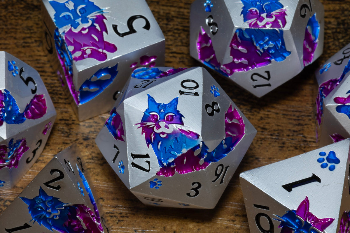 Meowgic 7-Piece Metal Dice Set – Pearl Silver with Blue & Magenta Cats – photo 5