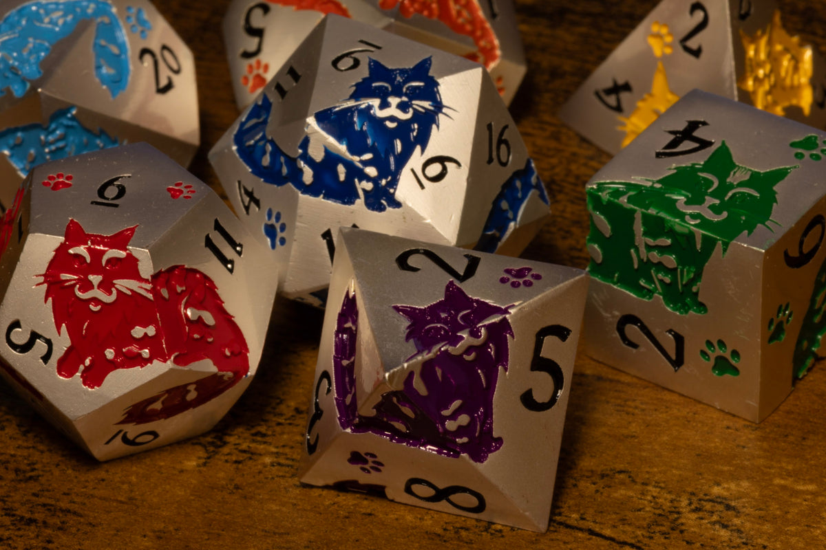 Meowgic 7-Piece Metal Dice Set – Pearl Silver with Rainbow Cats – photo 5